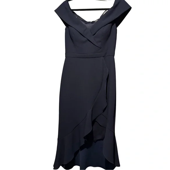 Xscape | Dresses | Xscape Blue Offshoulder Asymmetrical Sheath Dress |  Poshmark